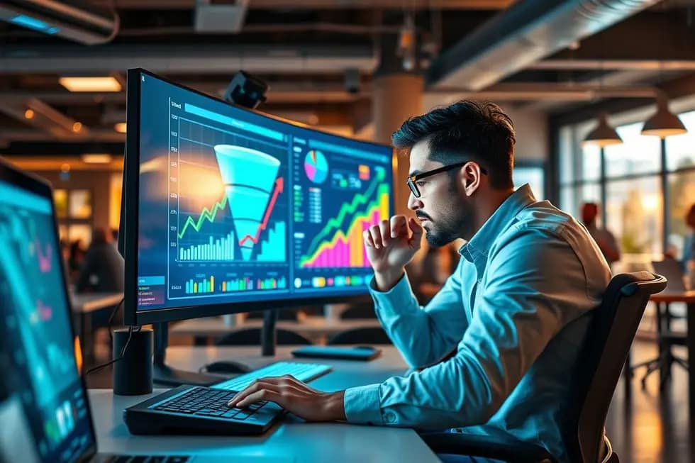 Imagem de um empreendedor analisando o funil de vendas em um computador.