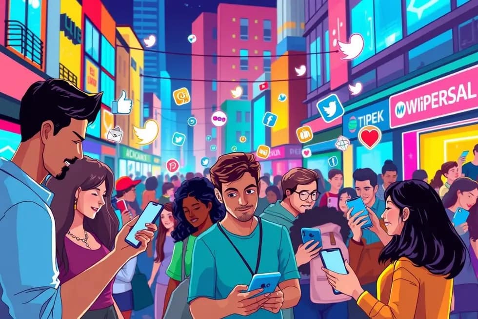 Ilustração simbolizando a interação entre clientes e marcas com smartphones e redes sociais.